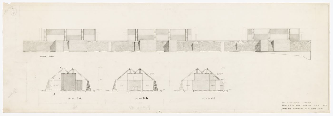 Elevation of west façade and sections for Case di Palma, Stintino, Italy