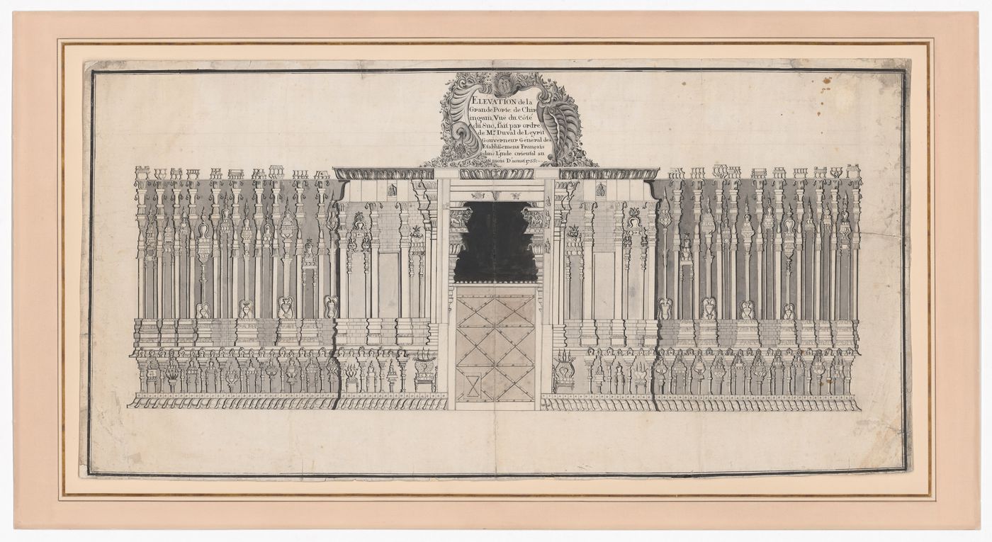 Élévation de la grande porte de Chiringam [Srirangam], Vue du côté du sud, fait par ordre de M. Duval de Leyrit 
gouverneur général des établissements français dans l'Inde oriental, au mois d'aoust 1755.