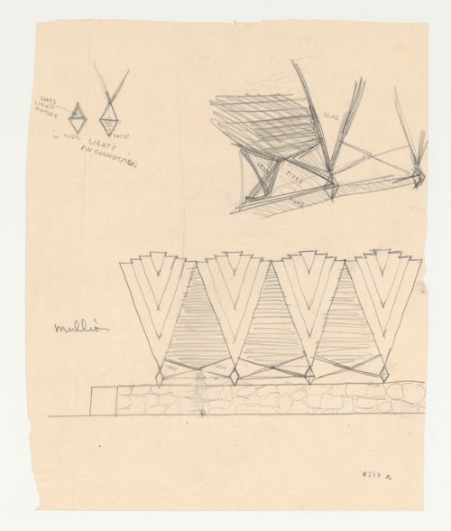 Sketch elevation for a chapel roof canopy, sketch for framing at the base of a canopy and sketches for canopy footings, all for a chapel based on the Wayfarers' Chapel design