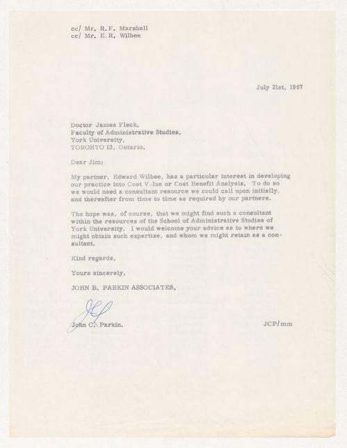 Correspondence between Parkin and James Fleck on consultancy for firm