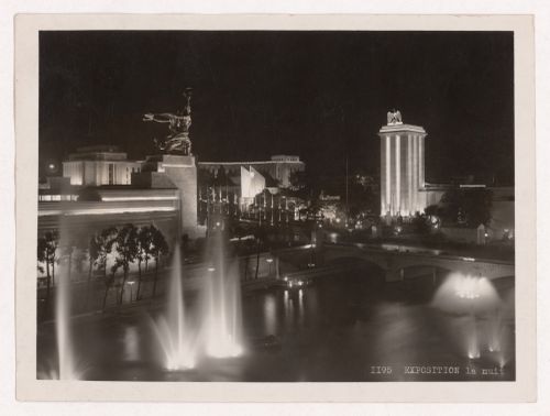 Night view of the USSR's and Germany's pavilions and the Trocadero, 1937 Exposition internationale, Paris, France
