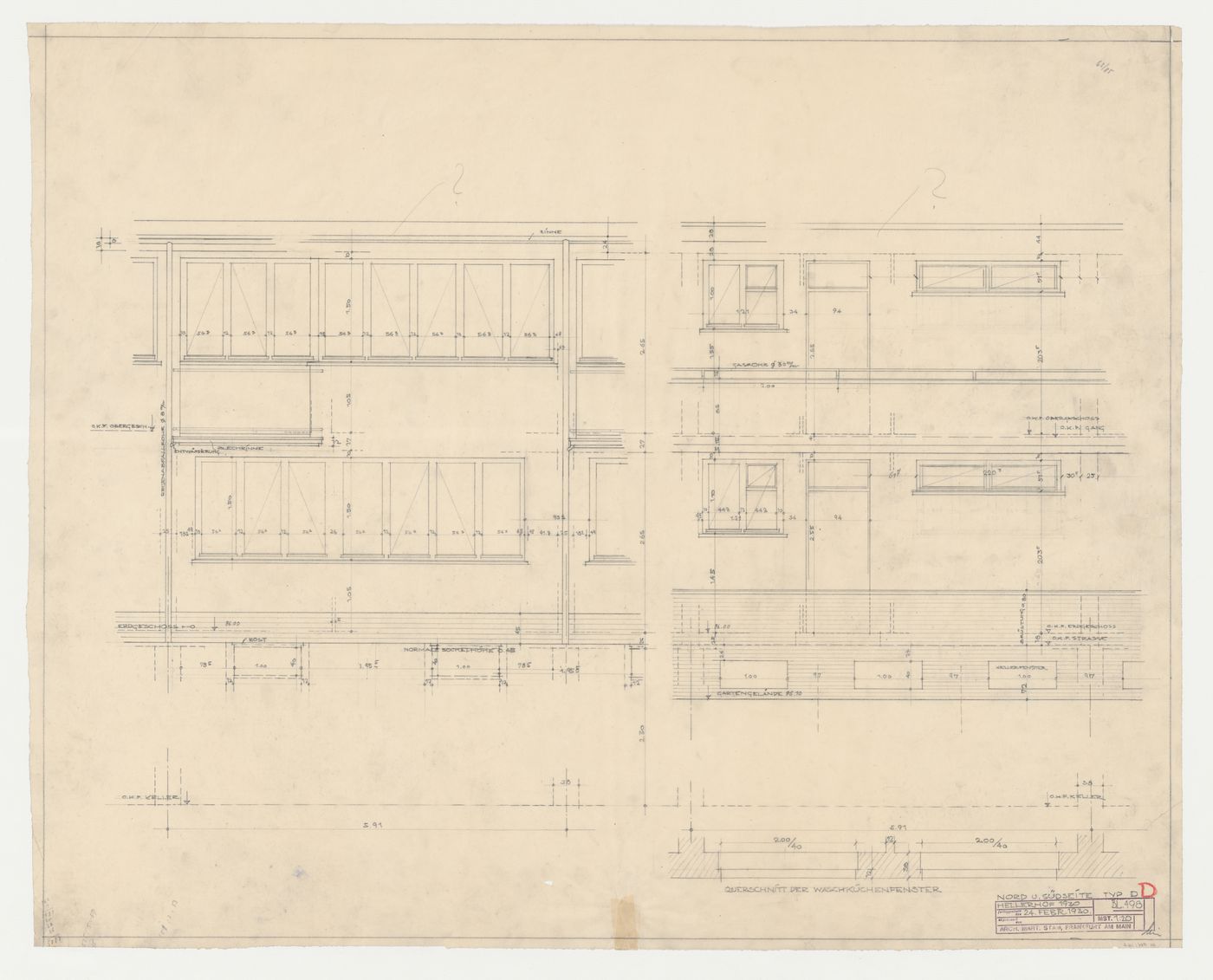 Section for a bathroom window, and north and south elevations for a type D housing unit, Hellerhof Housing Estate, Frankfurt am Main, Germany