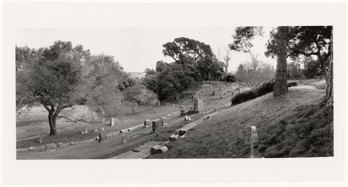 View across the cemetery from below Upper Cemetery Drive, Mountain View Cemetery, Oakland, California