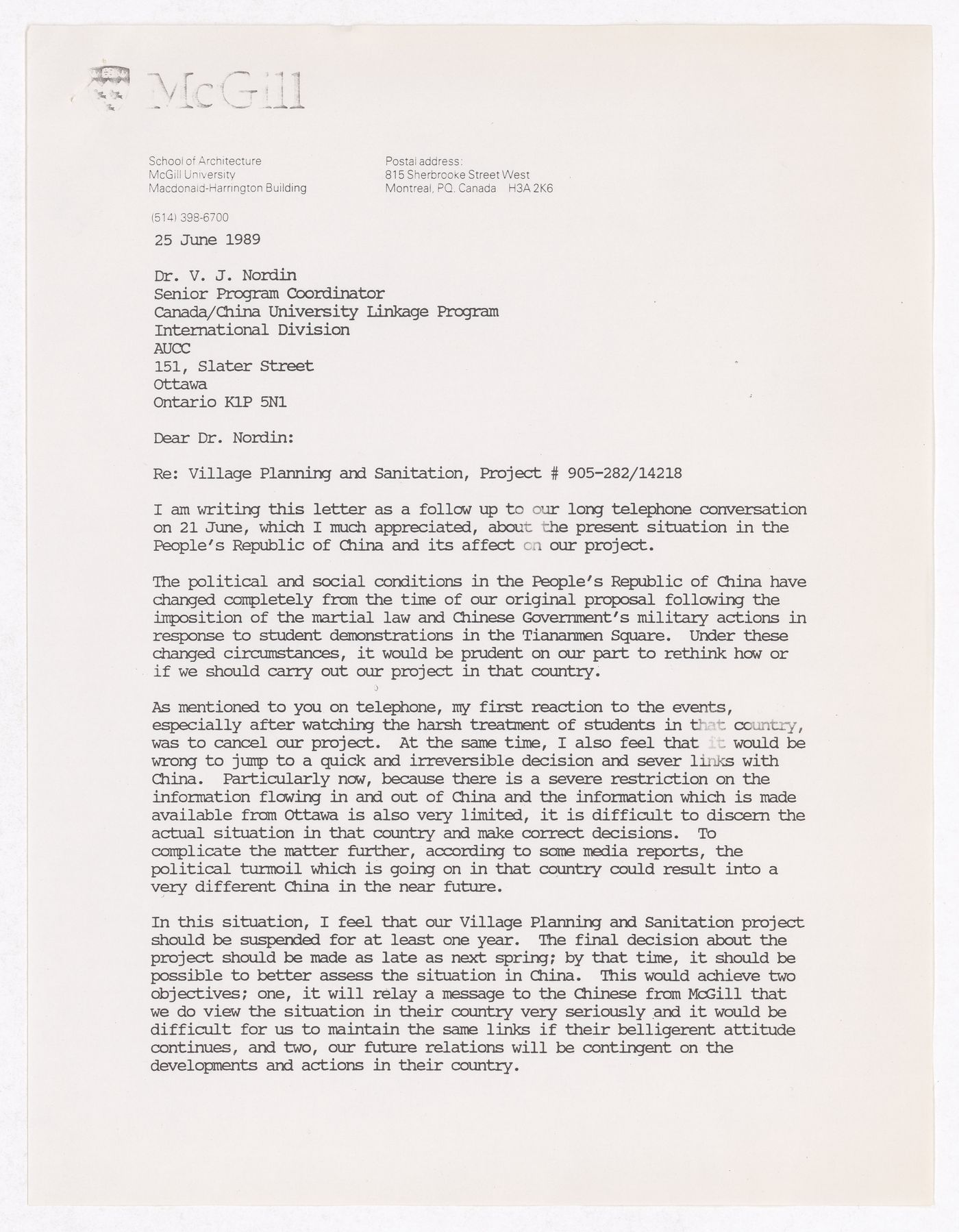 Letter of Vikram Bhatt to Dr V.J. Nordin of Canada-China University Linkage Program of the Association of Universities & Colleges in Canada (AUCC) about the Sichuan housing project in China