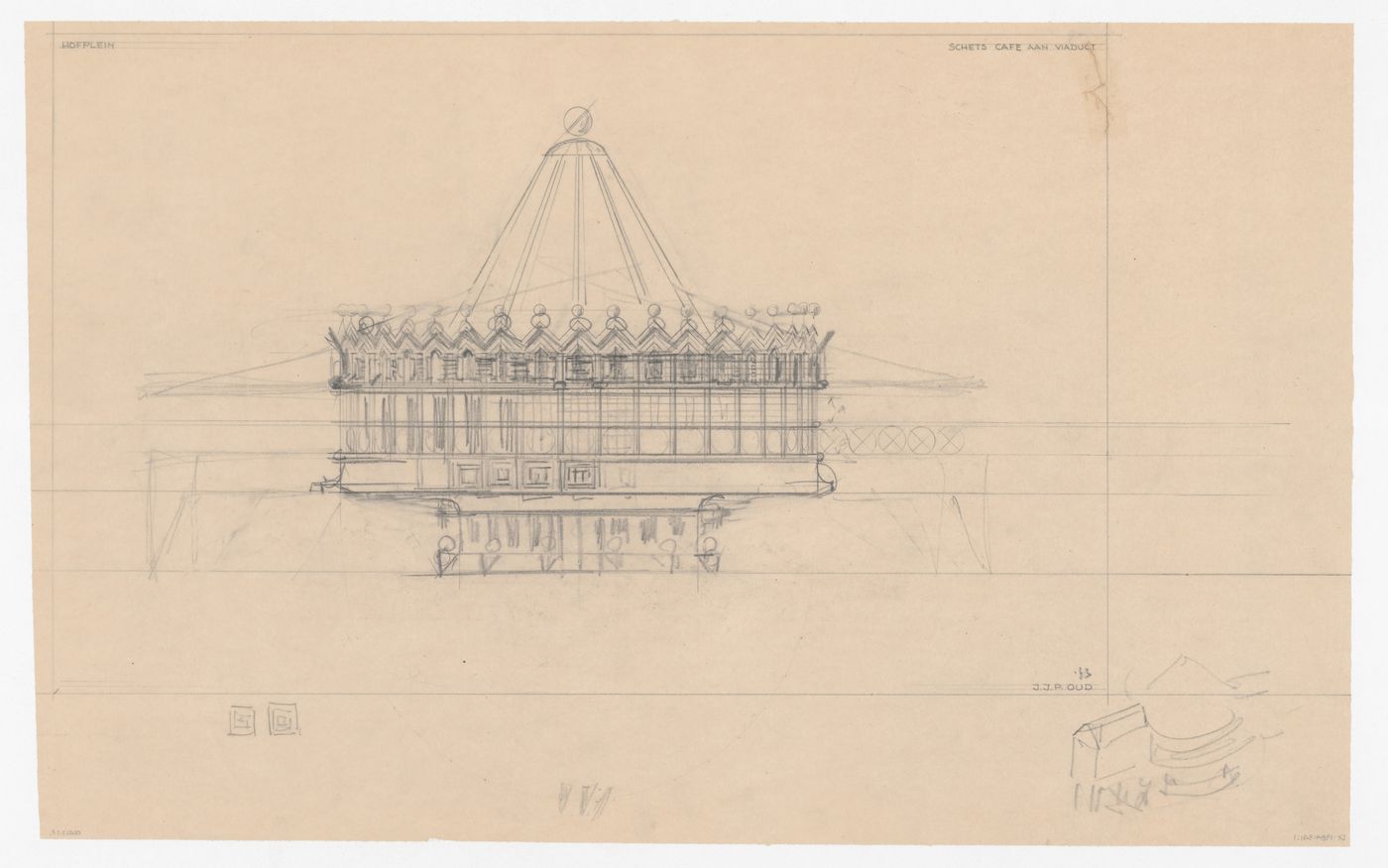 Elevation and sketch perspective for Café Viaduct for the reconstruction of the Hofplein (city centre), Rotterdam, Netherlands