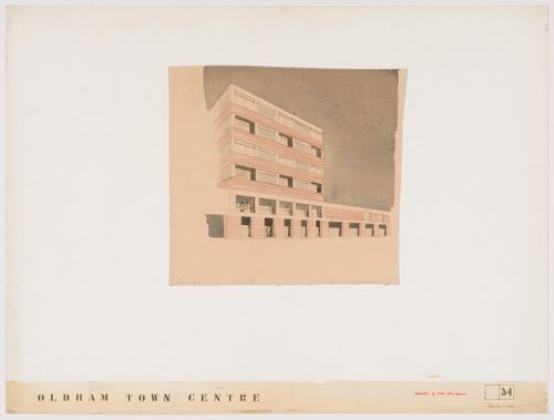 Presentation panel for Oldham Town Centre project showing elevation of a hotel