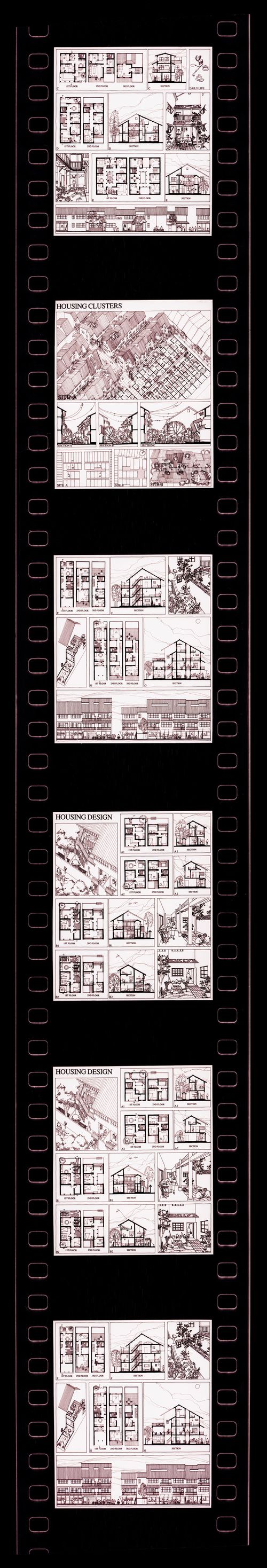 Negative strip of illustrations for the publication "Housing a Billion: Urban Upgrading: Design Ideals for Rural China" publication