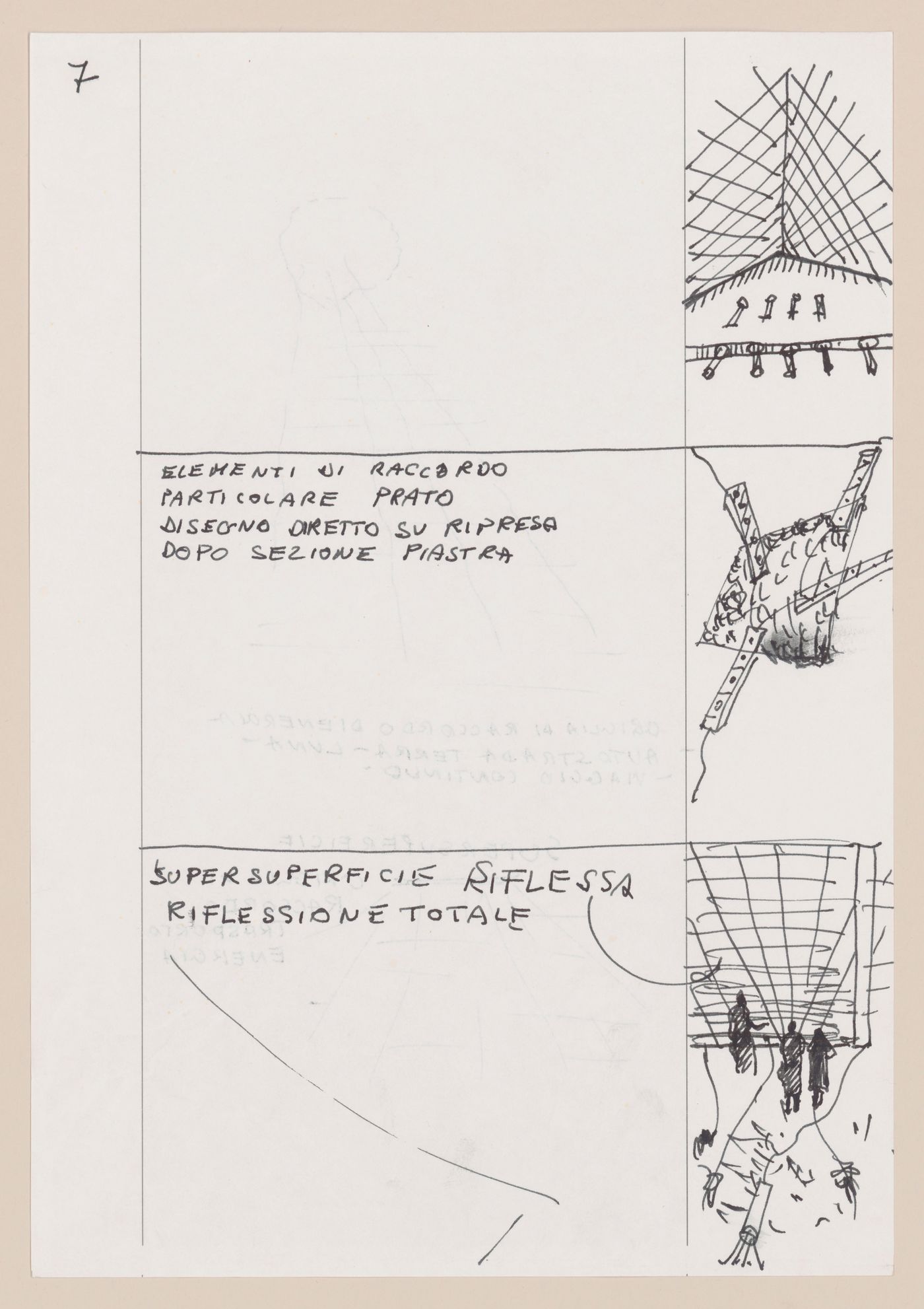 Page 6 of a storyboard describing filming locations and planning sketches of various scenes for Supersuperficie [Supersurface]