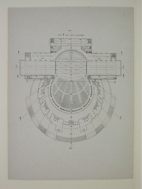 Photograph of a plan for the second floor, orchestra, and summer entrances for a Red Army Theater, Moscow