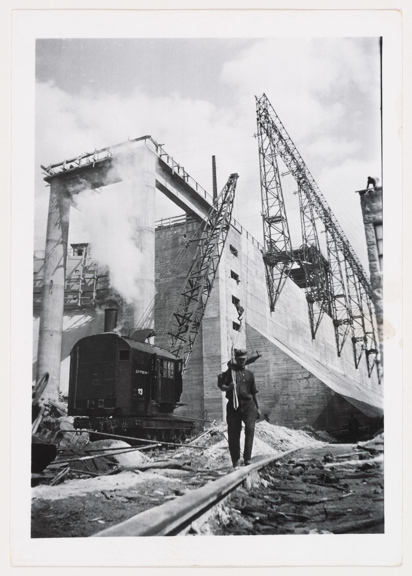 View of Dnieper Hydroelectric Power Station under construction, Zaporozhe, Soviet Union (now in Ukraine)