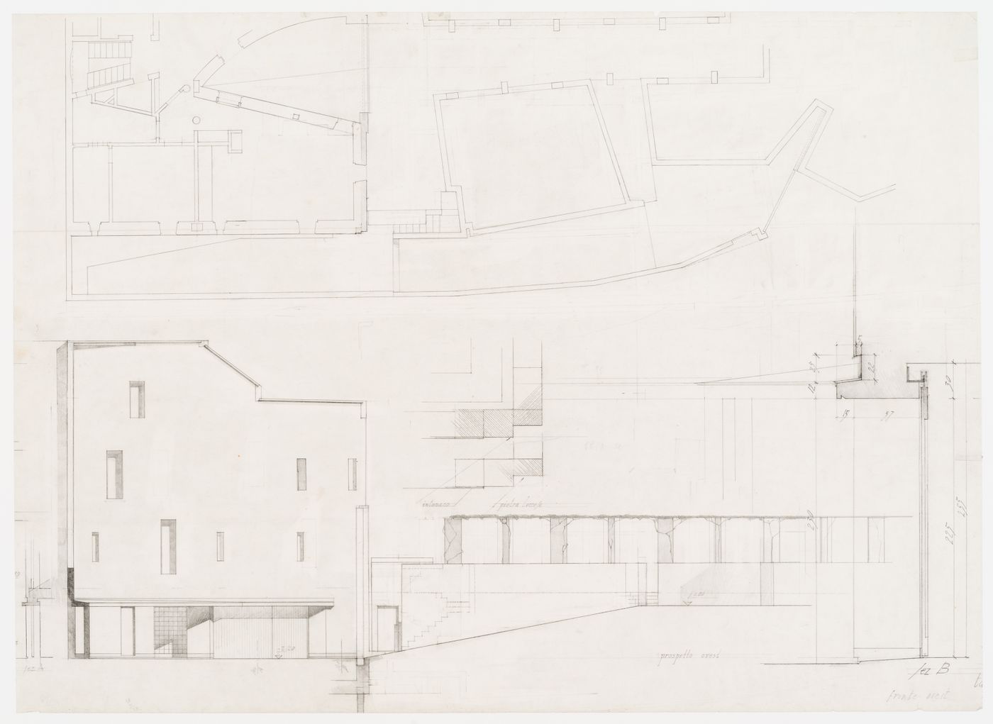 Partial plan of raised ground floor and courtyard, elevation of west façade including view of courtyard for Casa Miggiano, Otranto, Italy