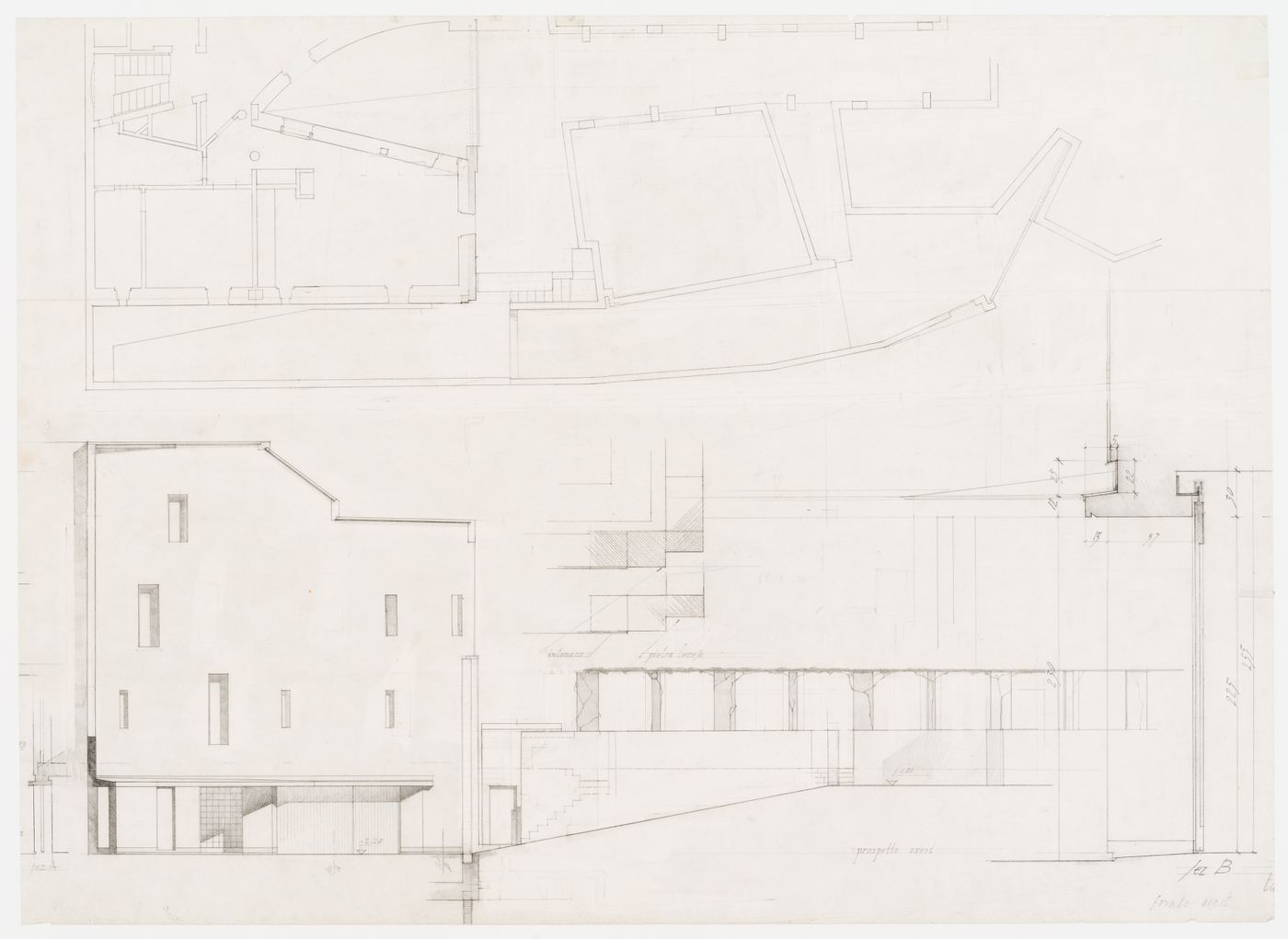 Partial plan of raised ground floor and courtyard, elevation of west façade including view of courtyard for Casa Miggiano, Otranto, Italy
