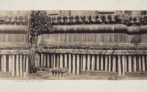 Partial view of the inscription panel at the base of the bimanum [sanctuary], Pirakatisvarar Tirukkoyil (also known as the Brihadisvara or Rajarajesvara Temple), Tanjore (now Thanjuvar), India