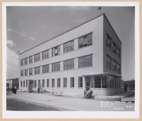 View of the principal and lateral façades of the Employment Building (also known as Building P) under construction [?], Glenn L. Martin Company Navy Assembly Plant No. 1, Middle River, Maryland
