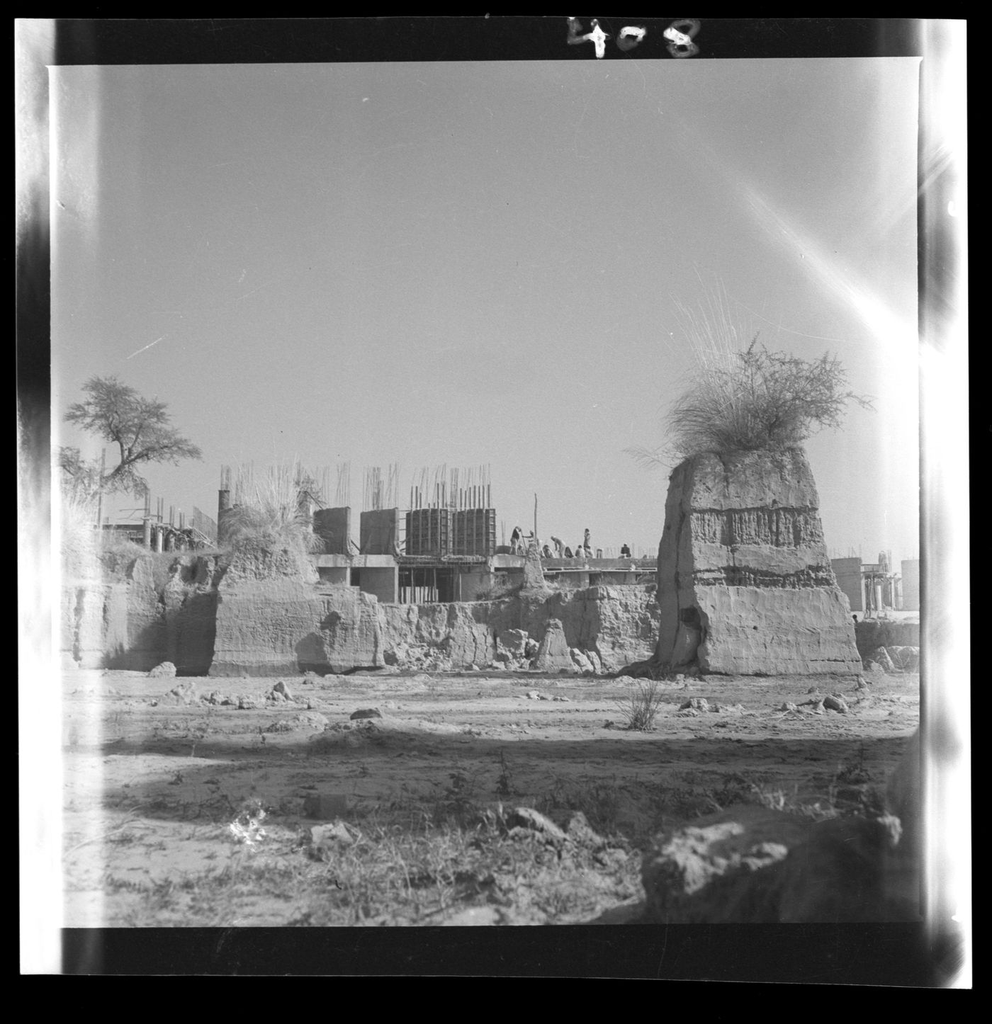 View of an unidentified building under construction, possibly in Chandigarh, India