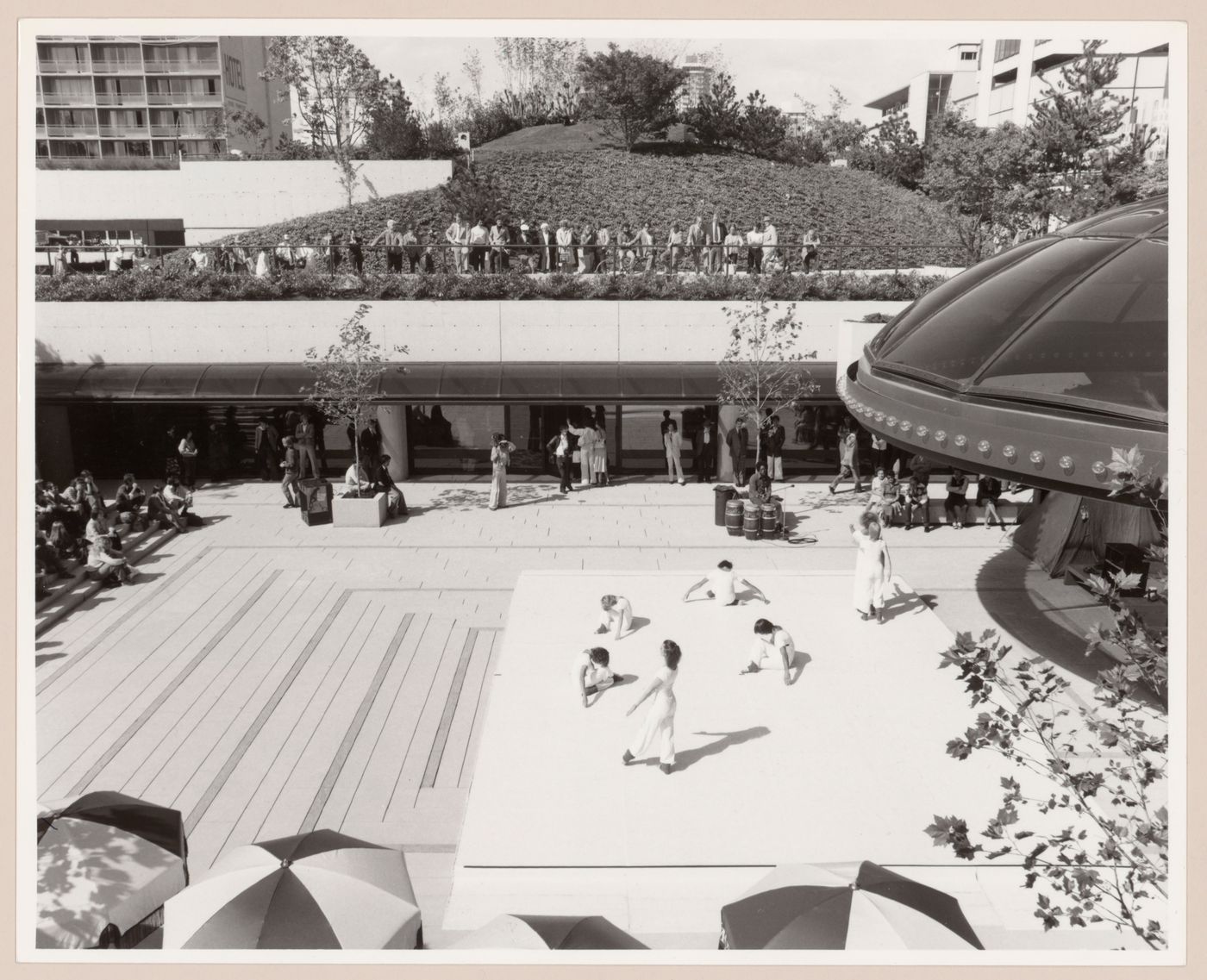 View of mound, skating ring and plaza of Robson Square Provincial Government Complex, Vancouver, British Columbia