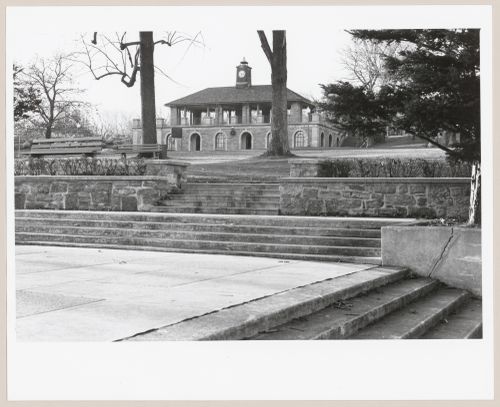 Distant view of the Pavilion in Murray Park with stairs in the foreground, Westmount, Québec
