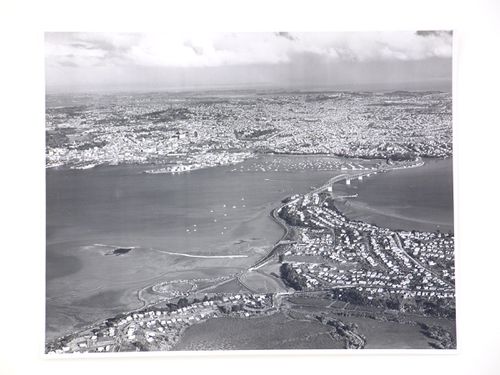 Aerial view of the Auckland Harbour Bridge, over the Waitematā Harbour, Auckland, New Zealand