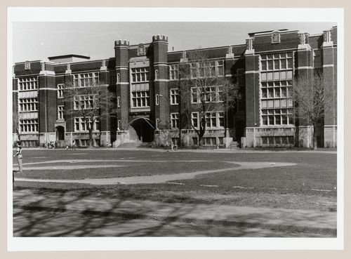 View of the principal façade of Westmount Park School with the athletic field in the foreground, 20 Academy Road, Westmount, Québec