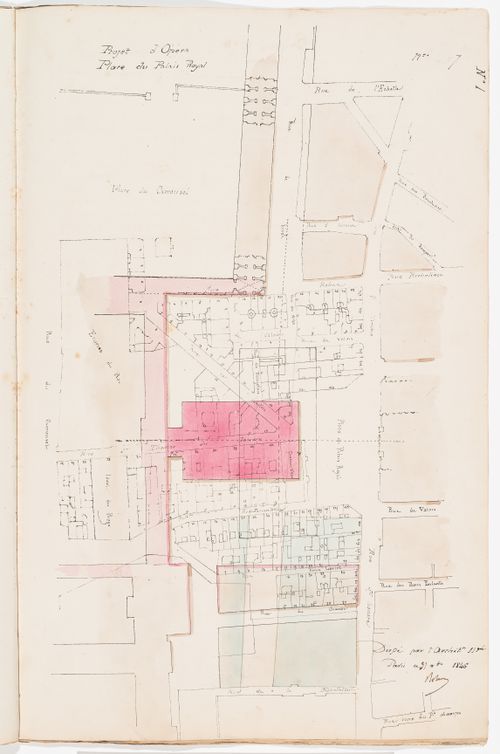 Project no. 7: Site plan for an opera house for the Académie royale de musique, place du Palais Royal and the Louvre; verso: Project no. 8: Site analysis and cost estimate for an opera house for the Académie royale de musique, rue Grange-Batelière