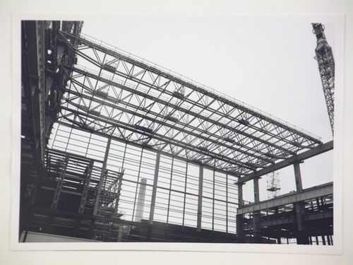 View of construction of steel structure for power station, from below, United Kingdom
