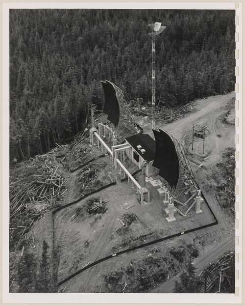Aerial view of BC Tel troposcatter telecommunication system, Port Hardy, British Columbia, Canada