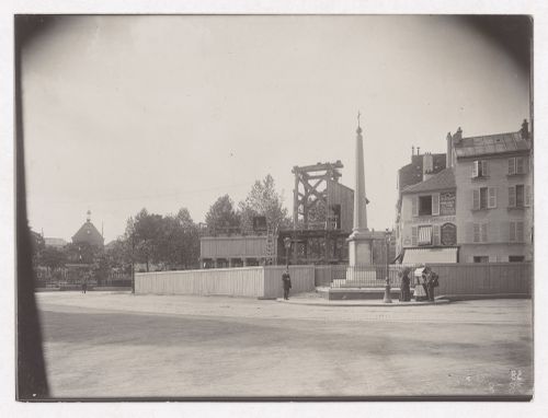 Construction of the Paris Metro, exterior view of people standing near a wooden structure, Paris, France