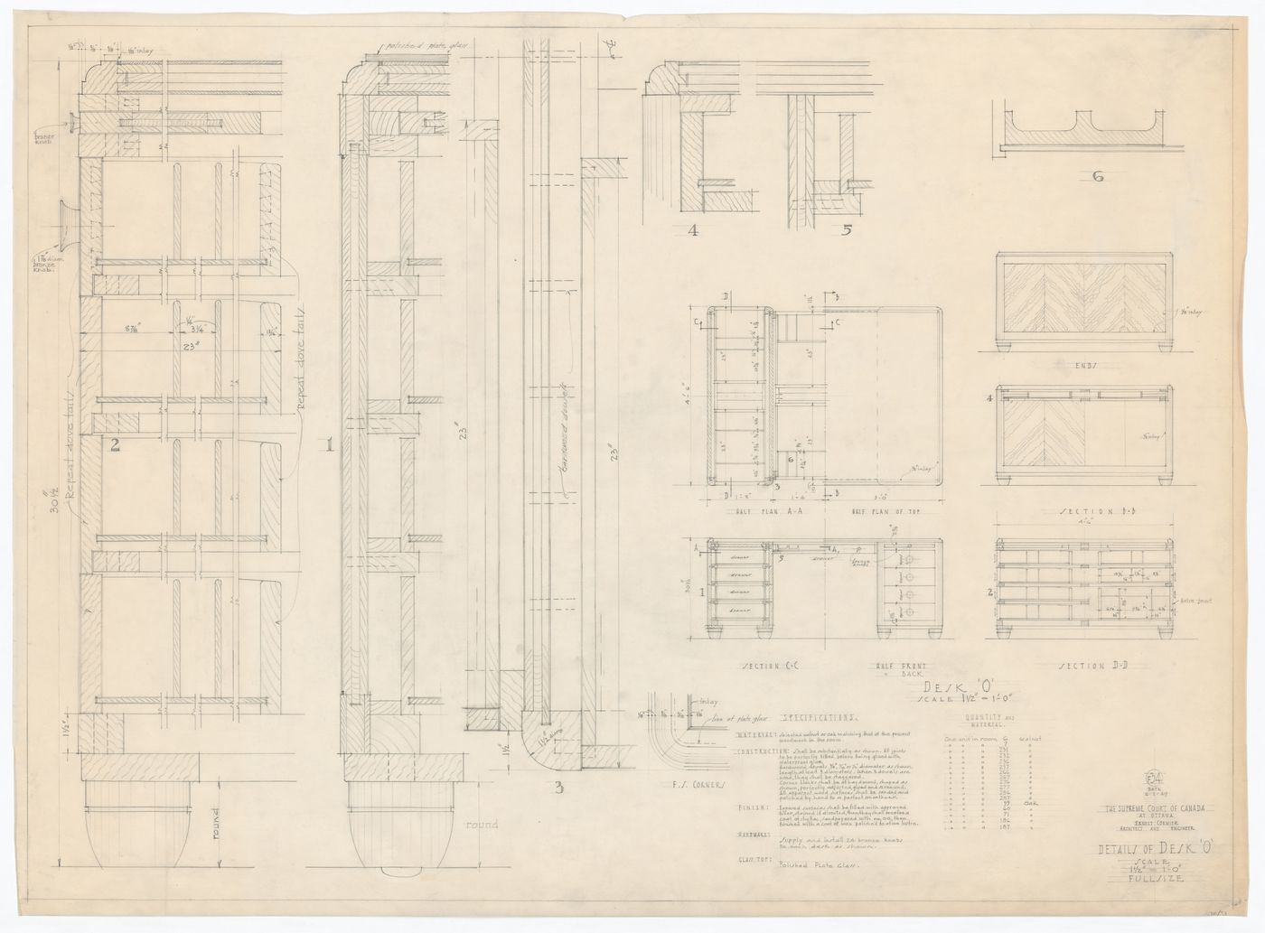 Plan, élévation, coupes et détails du bureau "O" pour Cour suprême du Canada, Ottawa, Ontario