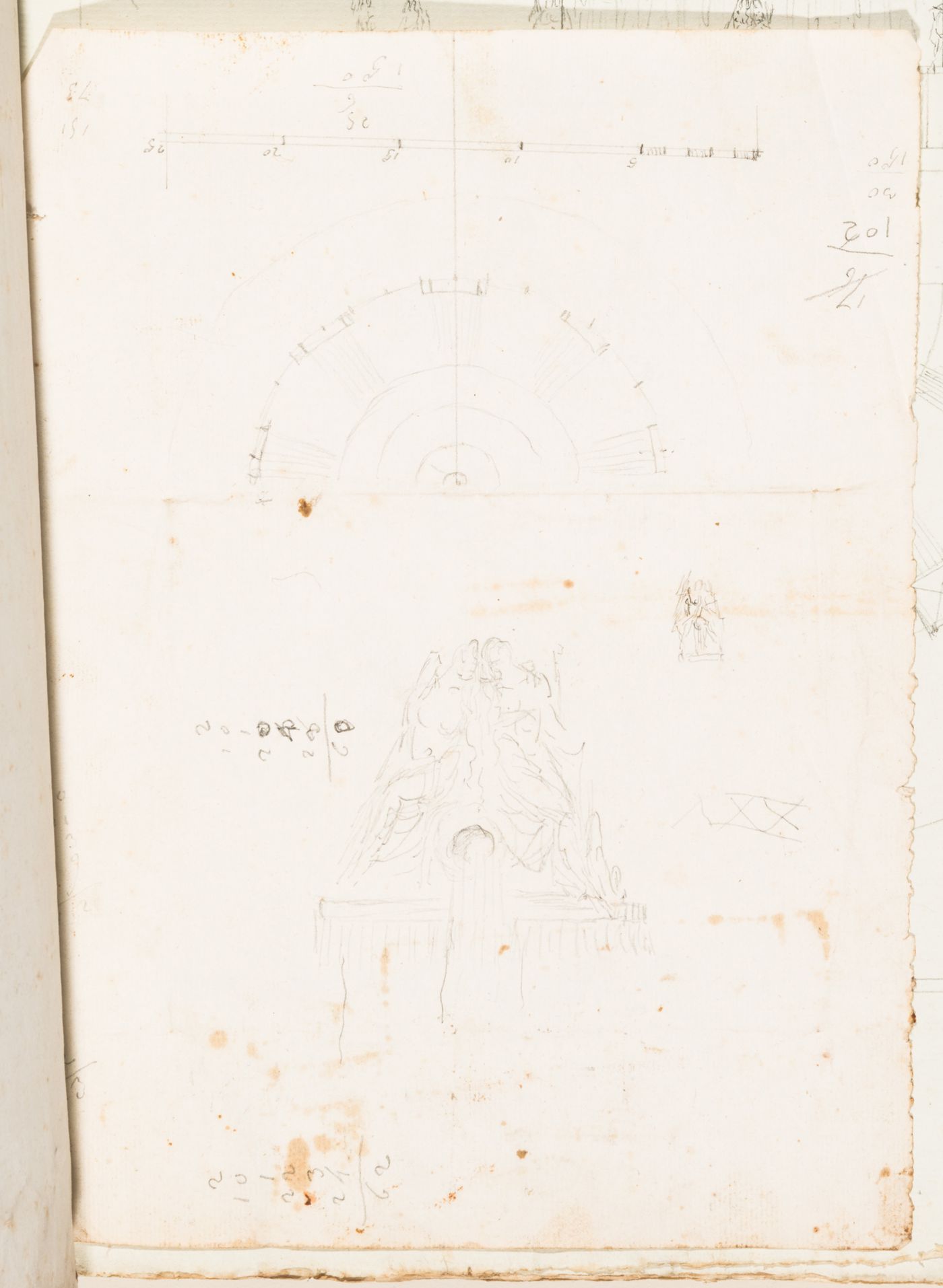 Half plan for a fountain with a conceptual sketch for a sculpture; verso: Sketch for a sculpture, possibly for a fountain