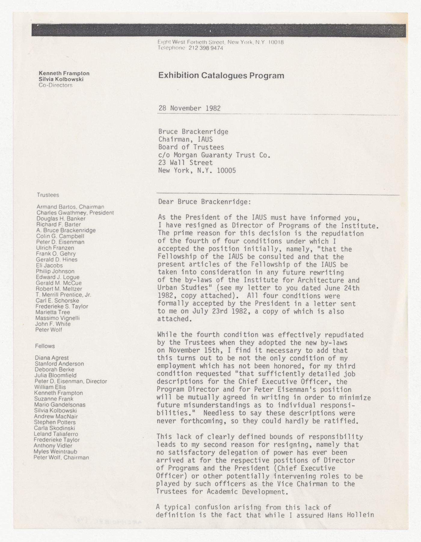 Letter from Kenneth Frampton to Bruce Brackenridge about Frampton's resignation as Program Director