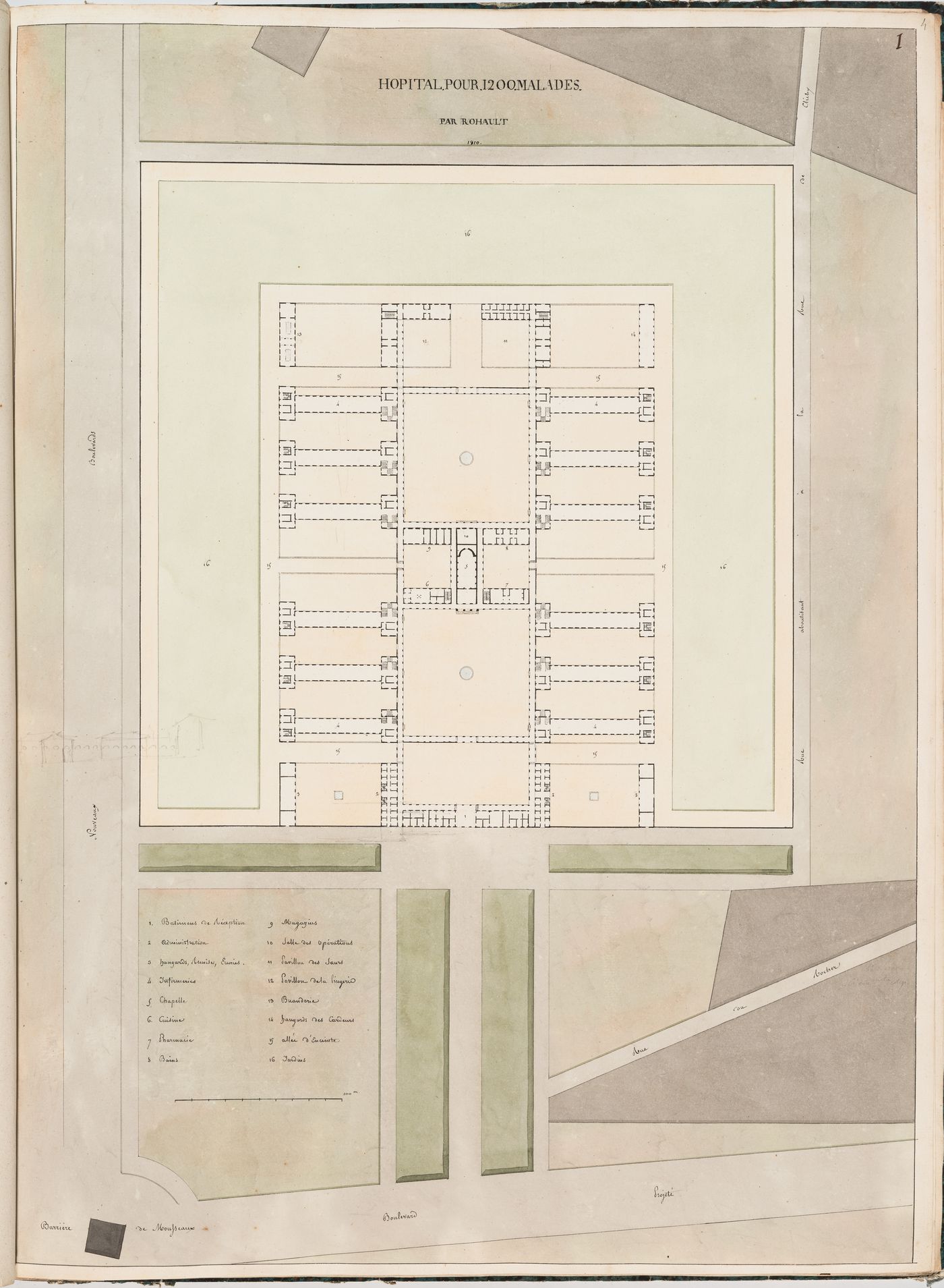 Ideal hospital for 1200 patients near the barrière de Monceau, Paris: Site plan number one