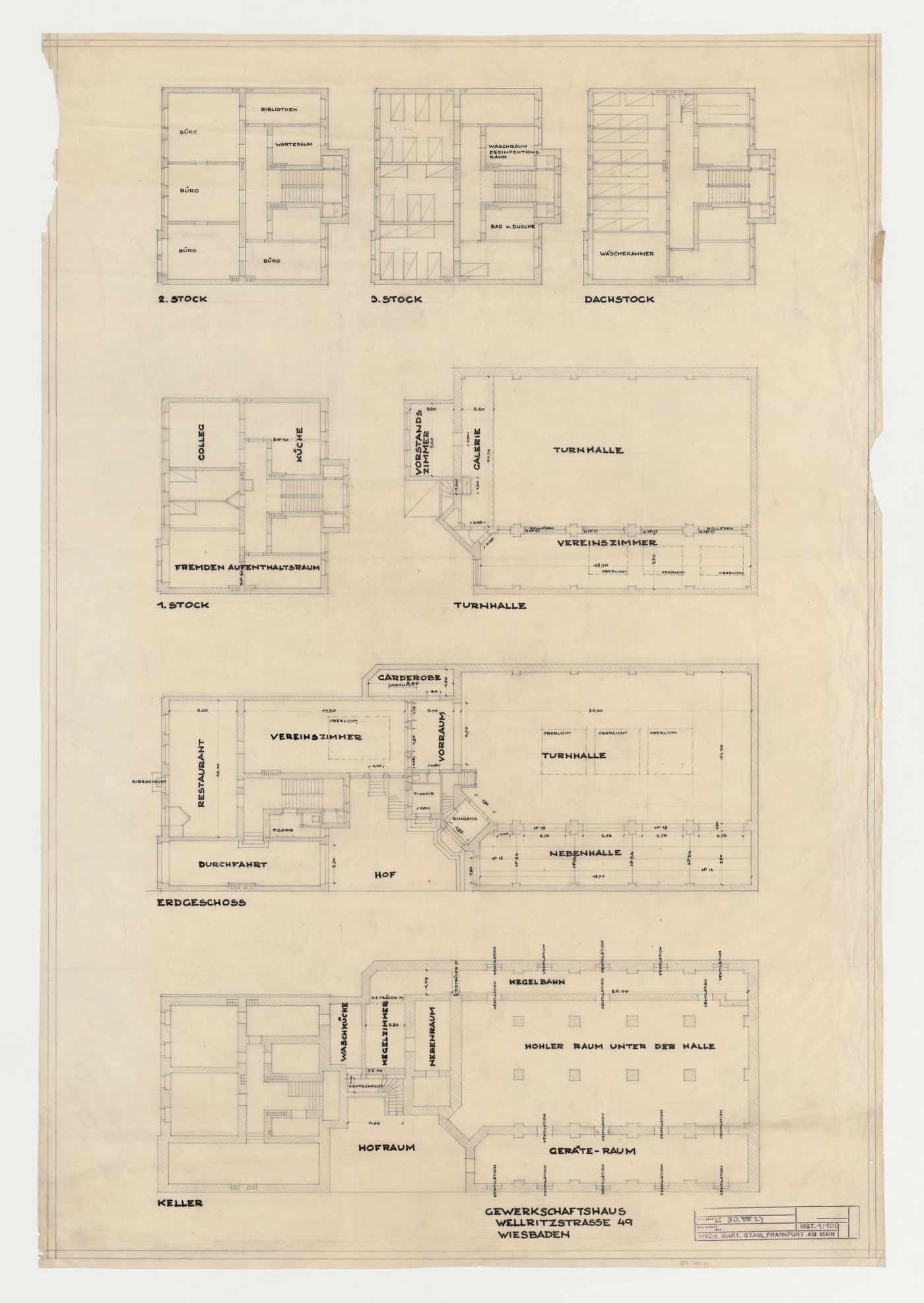 Plans, possibly for alterations and additions for a trade union corporate headquarters, Wiesbaden, Germany