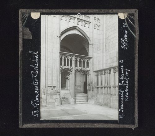 View of entrance to ambulatory, north transept of Gloucester Cathedral, Gloucester, Gloucestershire, England