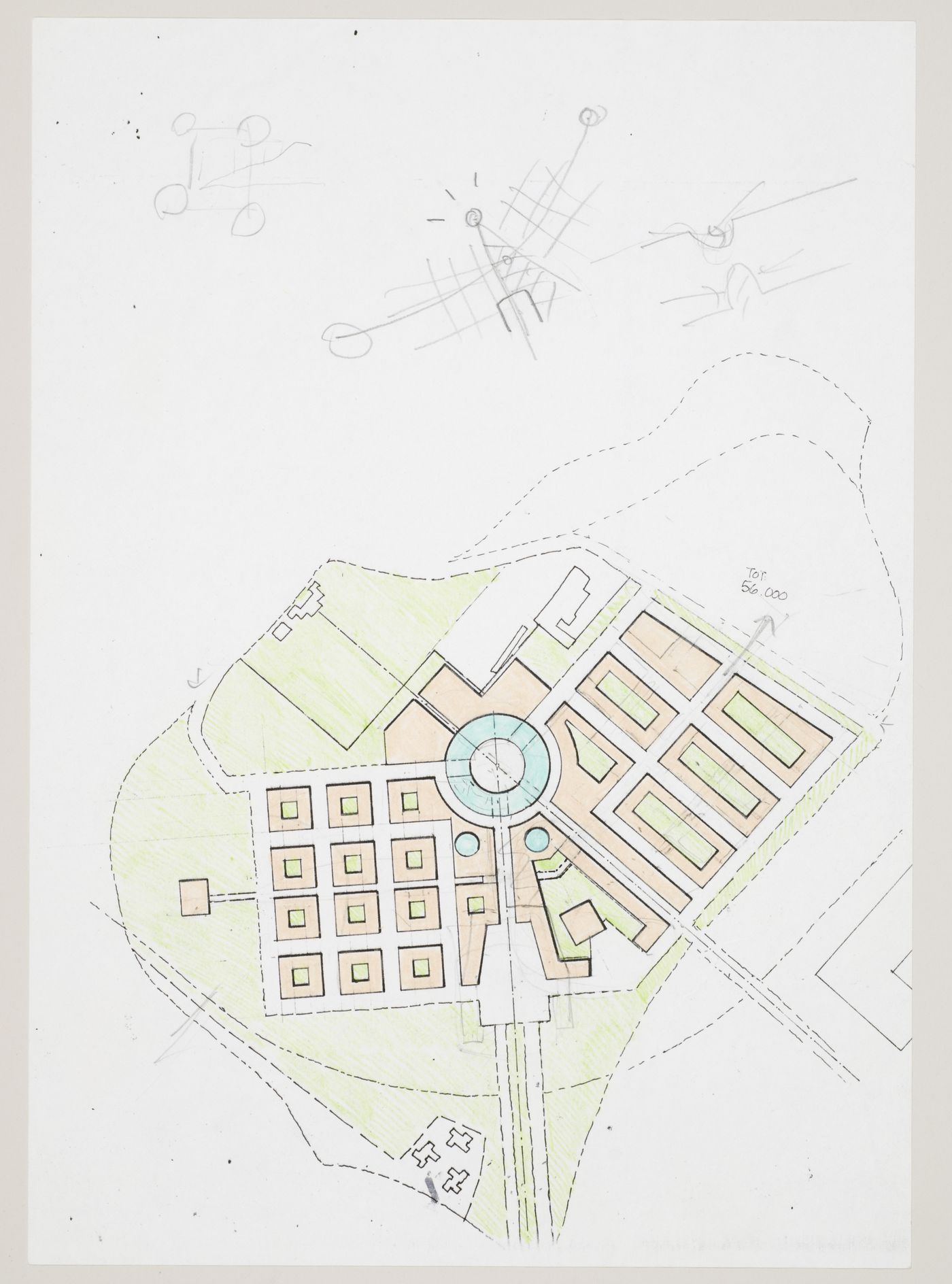 New Town Centre, Caselecchio di Reno, Italy: plan and sketches