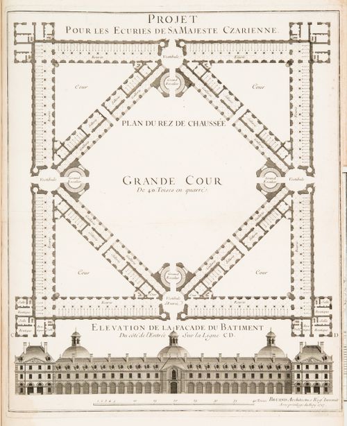 Design by François Bruant for a stable for the Czarina: Ground floor plan and principal elevation