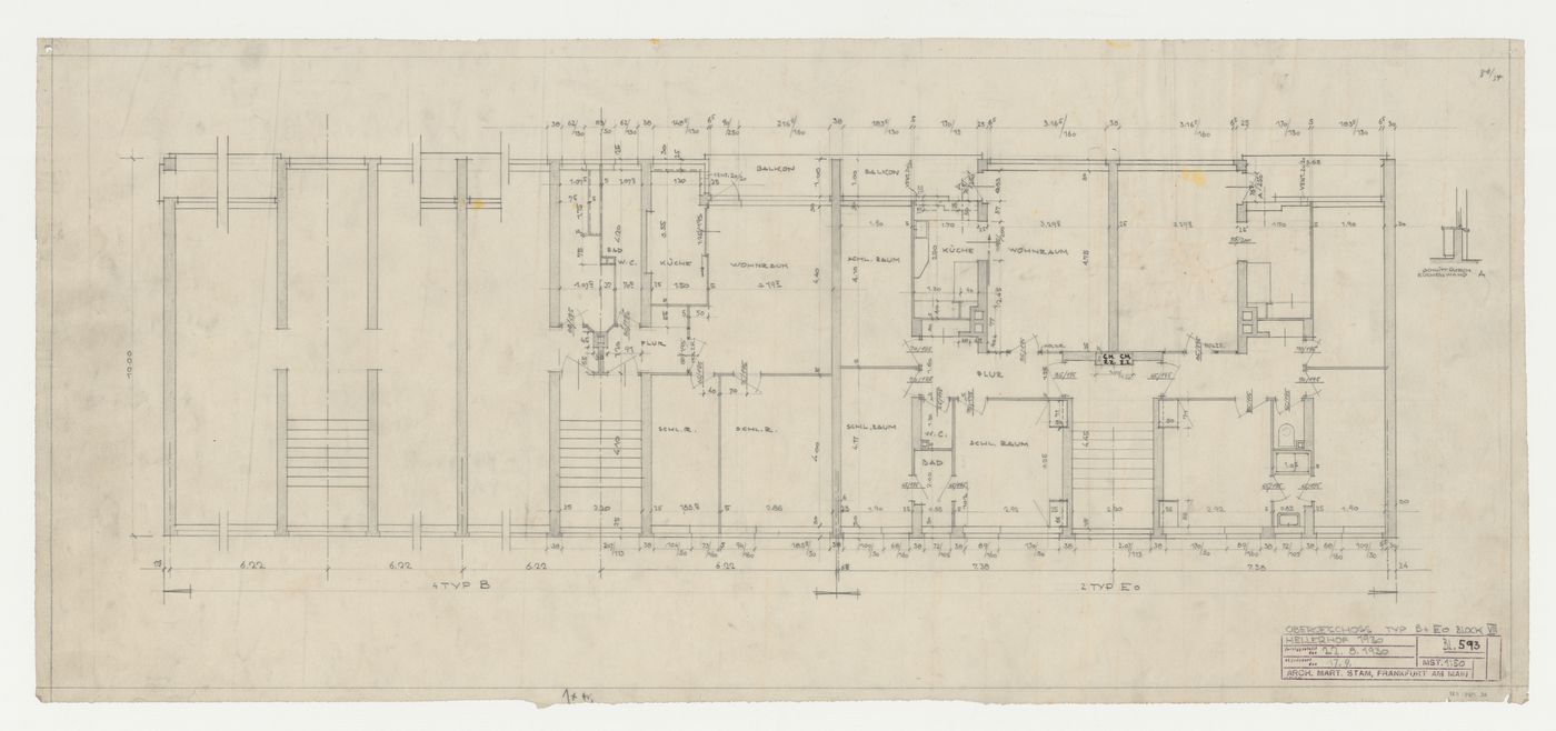 First floor plan and section for a type B and a type EO housing unit for Block VIII, Hellerhof Housing Estate, Frankfurt am Main, Germany