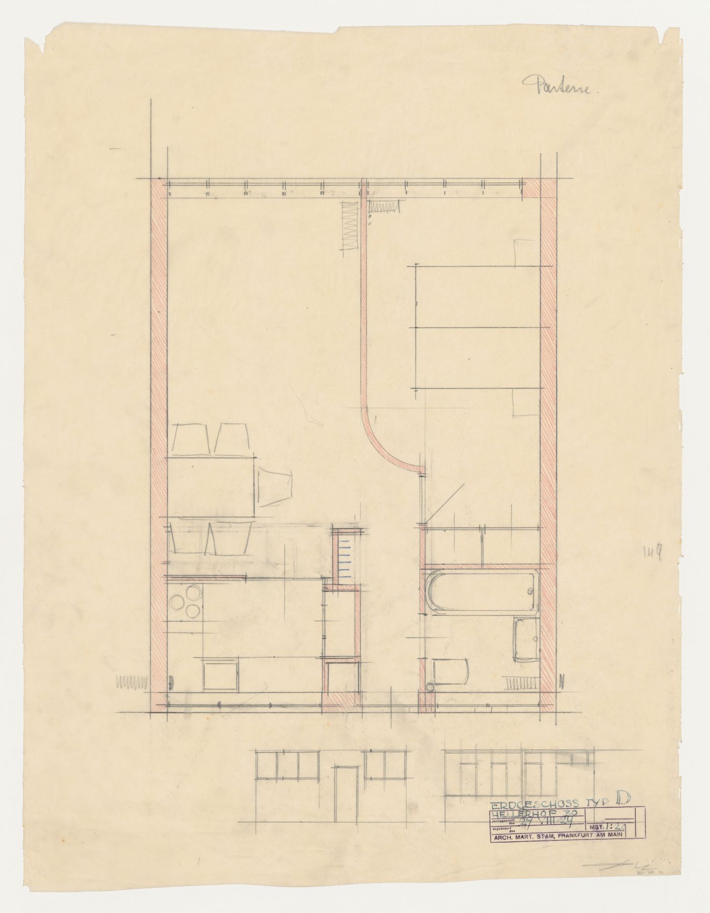 Ground floor plan and elevations for a type D housing unit, Hellerhof Housing Estate, Frankfurt am Main, Germany