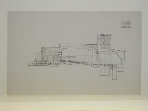 Photograph of a longitudinal section for the final round of competition for a "synthetic theater" in Sverdlovsk, Soviet Union (now Ekaterinburg, Russia)