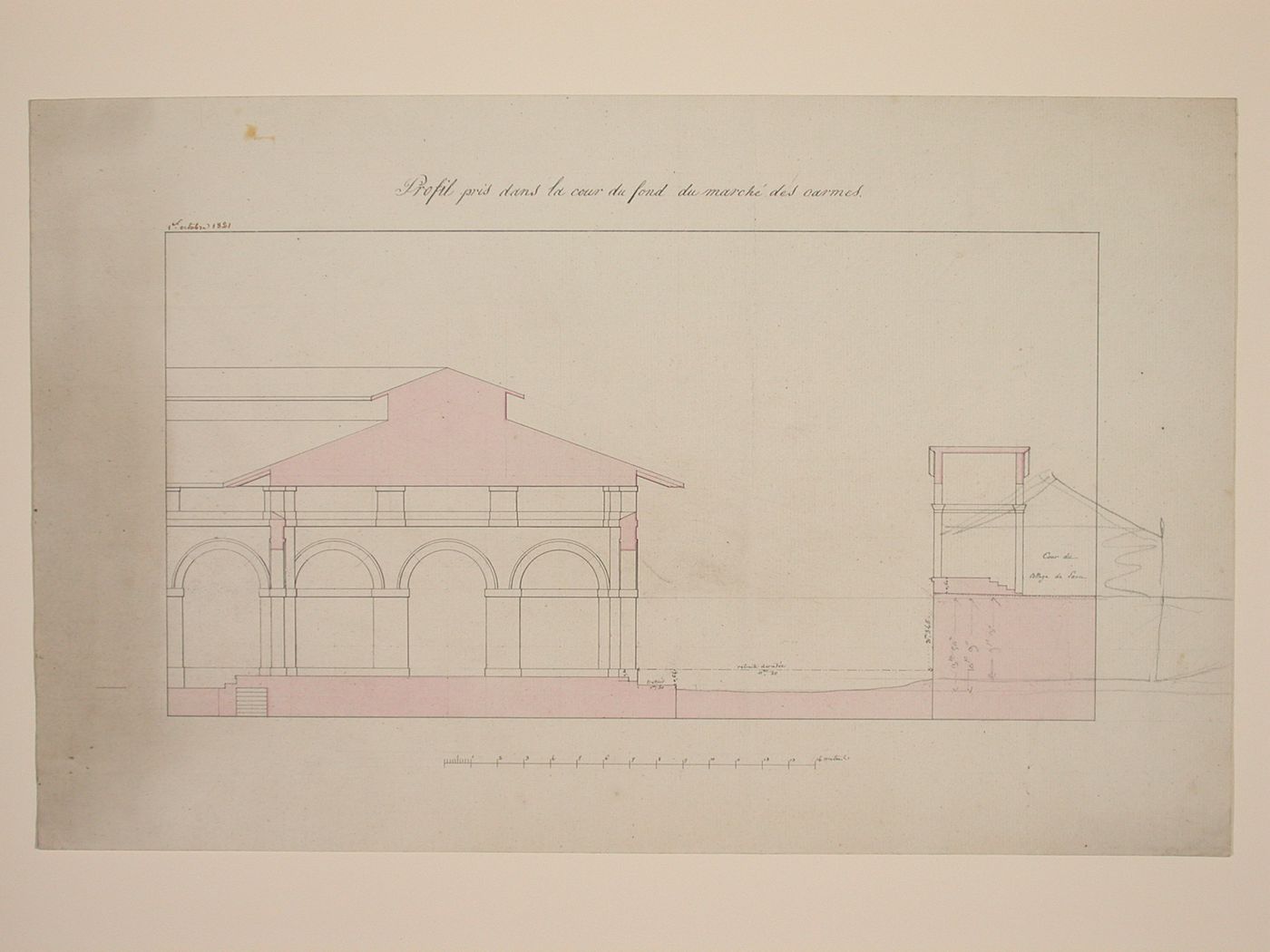 Sectional elevation through court for Market Building, Marché des Carmes, Paris