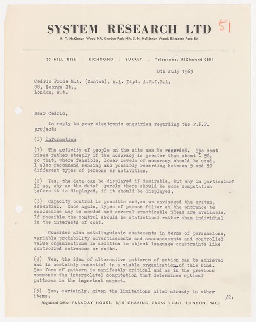Letter from System Research Ltd to Cedric Price regarding the Fun Palace Project