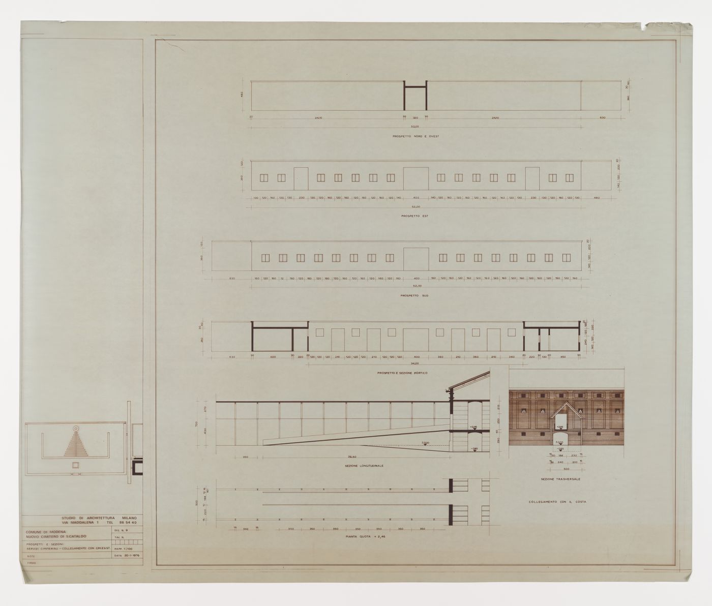 Elevations and sections, Nuovo cimitero San Cataldo, Modena, Italy