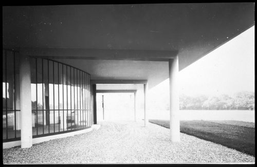 View of the northwest façade of Villa Savoye showing the colonnade of pilotis, Poissy, France