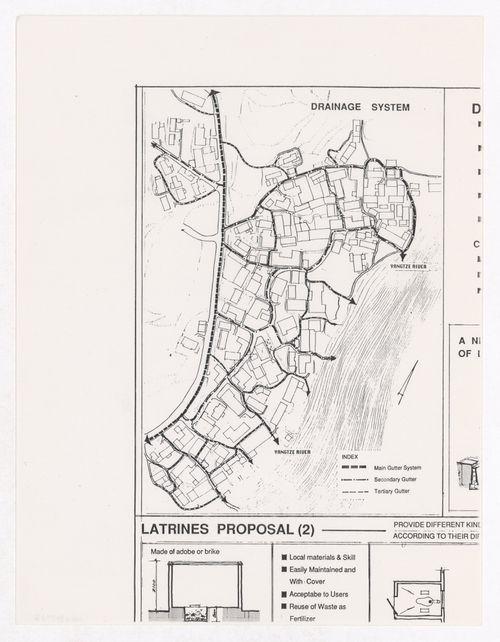Plan of drainage system and detail of latrine proposal for the Sichuan housing project for "Housing a Billion: Village Upgrading: Jianlu, China" publication