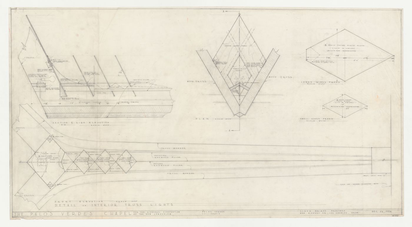 Wayfarers' Chapel, Palos Verdes, California: Elevation for truss including interior truss lighting fixture, and section, plan and details for interior truss lighting fixture