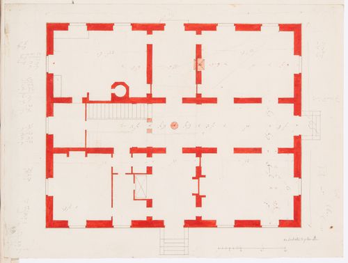 Project for an unidentified country house with a central skylight: Ground floor plan; verso: Sketch plans and details for an unidentified building