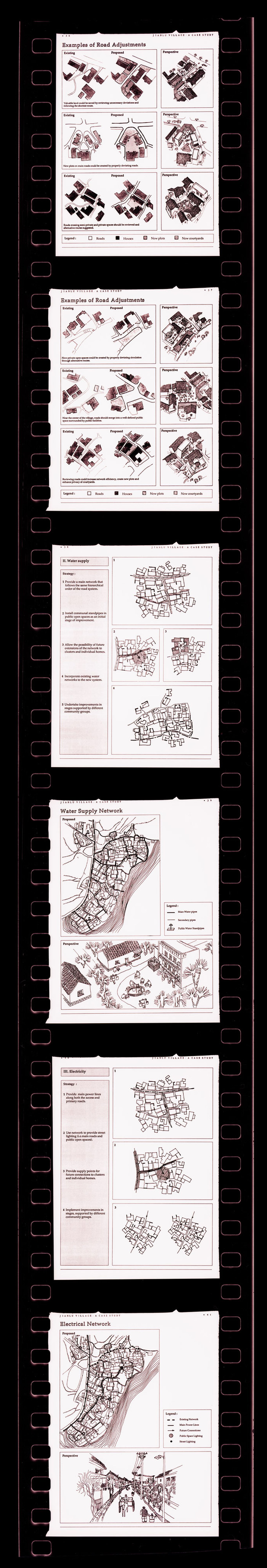 Negative strip of illustrations for the publication "Housing a Billion: Village Upgrading: Jianlu, China" publication