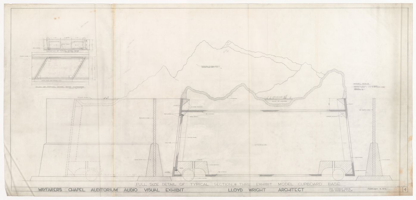 Wayfarers' Chapel, Palos Verdes, California: Section through a model for the auditorium audiovisual exhibition, with elevation for model base and plan for cupboard in a model base