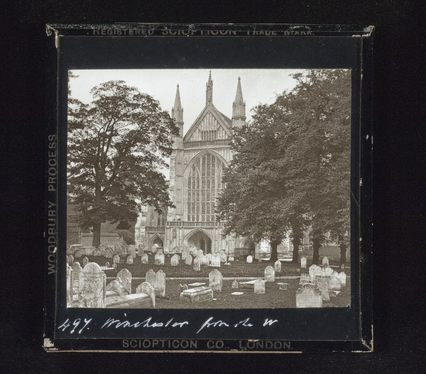 View of west end of Winchester Cathedral from cemetery, Winchester, Hampshire, England