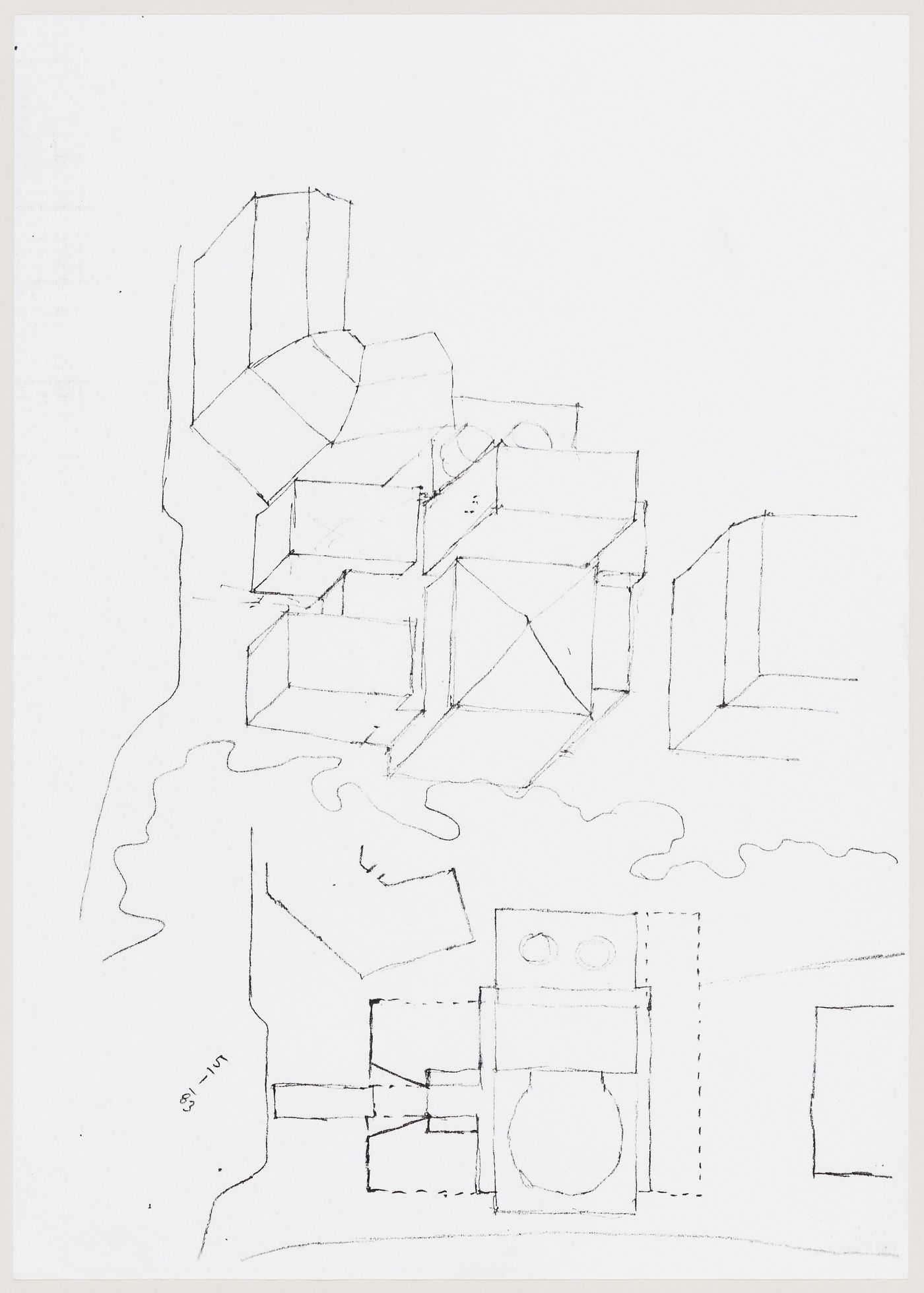 Center for Theatre Arts, Cornell University, Ithaca, New York: sketch axonometric and plan