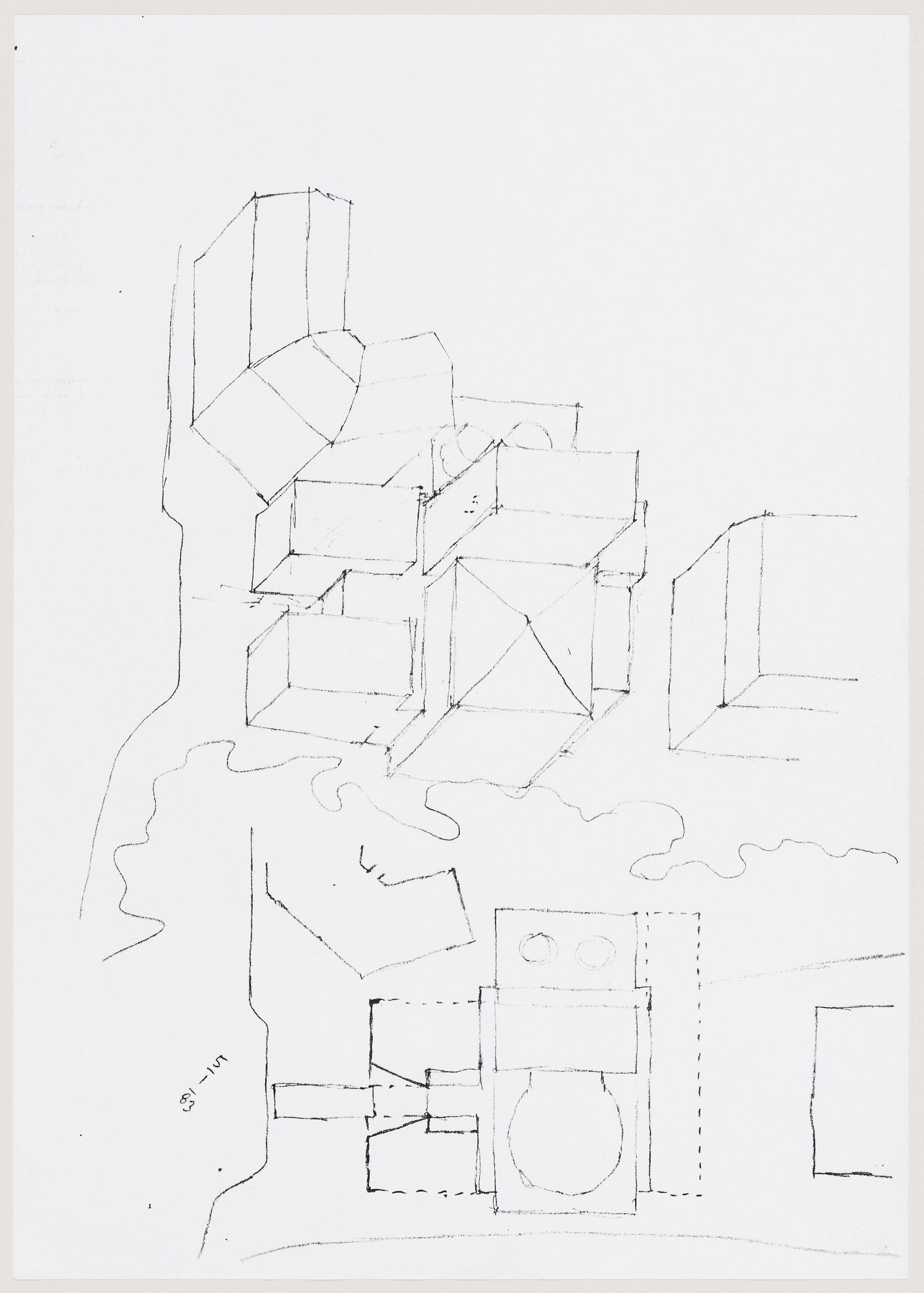 Center for Theatre Arts, Cornell University, Ithaca, New York: sketch axonometric and plan